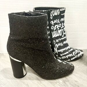 Yoki Black And White Glitter Heeled Boots with Text Design